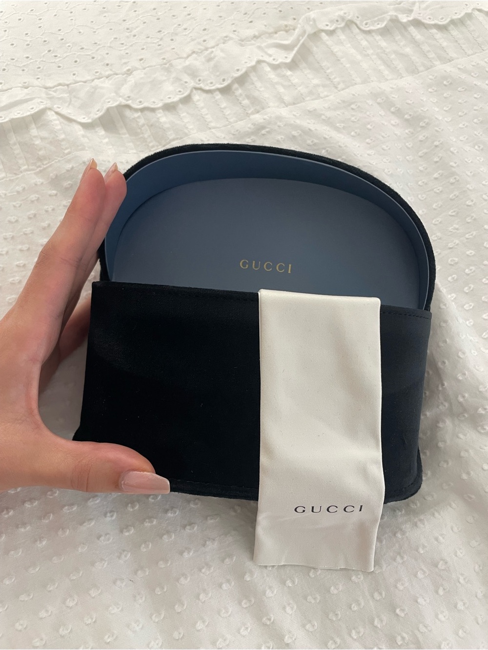 Gucci Black Case with White Dust Cloth and Blue Interior